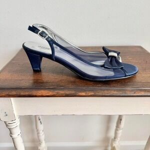Blue satin and mesh bow kitten heel size 9.5 navy fairy rhinestone